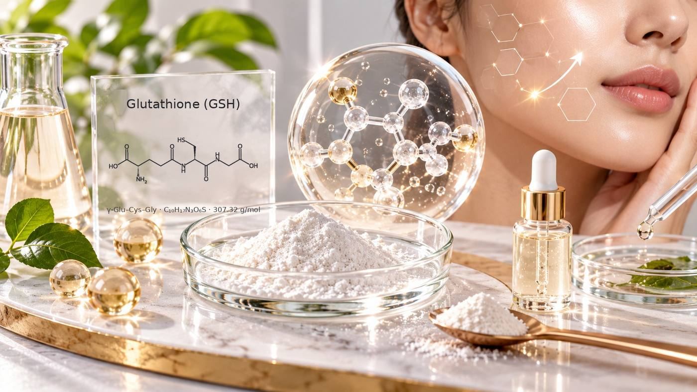 Glutathione (GSH), the tripeptide gamma-glutamyl-cysteinyl-glycine, C10H17N3O6S, 307.32 g/mol: its chemical structure on a glass panel beside white glutathione powder in a glass dish and a serum dropper bottle, with a woman with radiant skin in the background