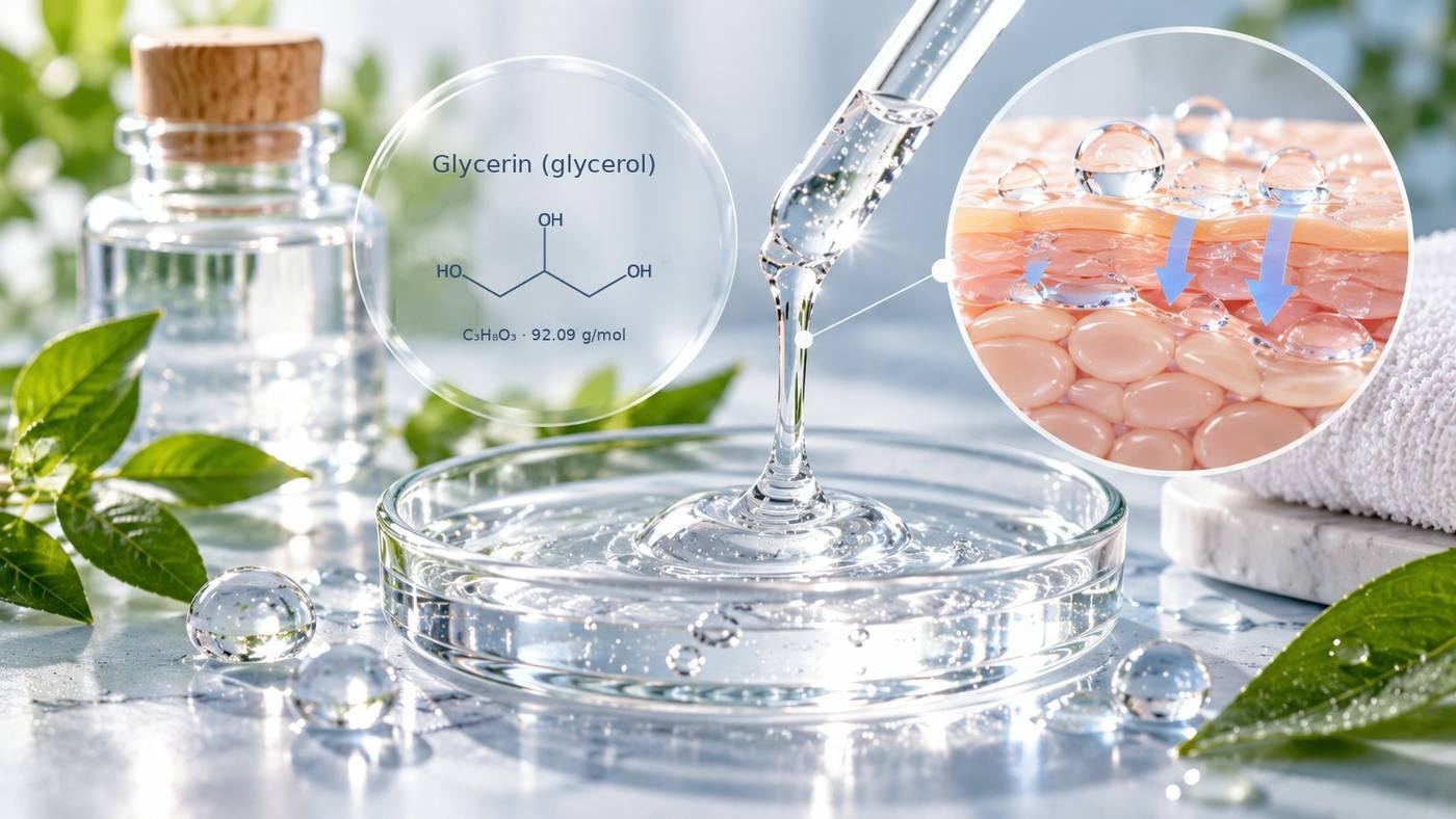 Glycerin (glycerol, C3H8O3, 92.09 g/mol): its chemical structure beside clear glycerin dripping from a pipette into a glass dish, with a magnified view of water being drawn into the outer layers of the skin