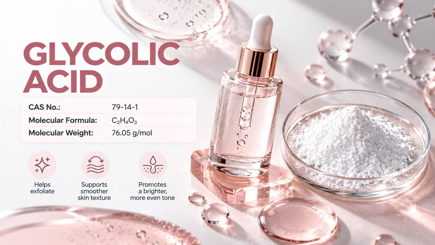 Glycolic acid (CAS 79-14-1, C2H4O3, 76.05 g/mol): a pink glycolic acid serum dropper bottle beside white glycolic acid crystals, noting that it helps exfoliate, supports smoother skin texture and promotes a brighter, more even tone