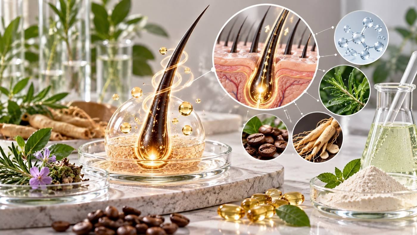 Hair-growth complexes: a hair follicle surrounded by actives used in hair serums, including caffeine (coffee beans), ginseng root, rosemary and peptide-style molecules, with a magnified view of a follicle in the scalp