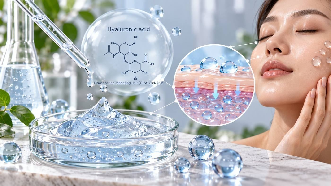 Hyaluronic acid: the structure of its repeating disaccharide unit (glucuronic acid and N-acetylglucosamine) beside a clear hyaluronic acid gel and pipette, with a magnified view of water held in the outer skin layers and a woman with hydrated skin