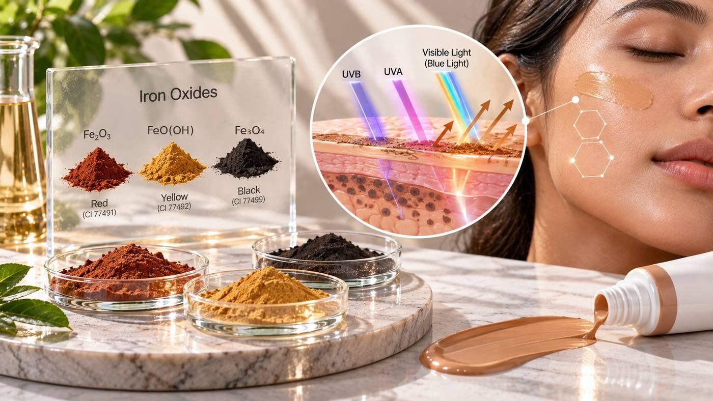 Iron oxides for visible-light protection: red (Fe2O3, CI 77491), yellow (FeO(OH), CI 77492) and black (Fe3O4, CI 77499) pigment powders beside a tinted sunscreen, with a cross-section of the skin showing UVB, UVA and visible light