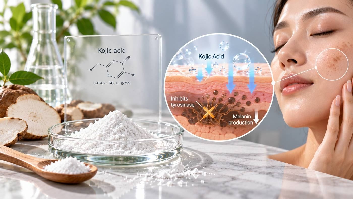 Kojic acid (C6H6O4, 142.11 g/mol): its chemical structure on a glass panel beside white kojic acid powder, with a cross-section of the skin showing tyrosinase and melanin production being reduced