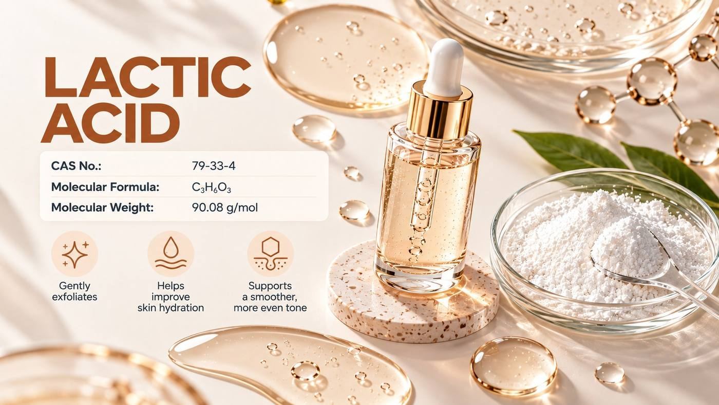 Lactic acid (CAS 79-33-4, C3H6O3, 90.08 g/mol): a golden lactic acid serum dropper bottle beside white lactic acid powder, noting that it gently exfoliates, helps improve skin hydration and supports a smoother, more even tone