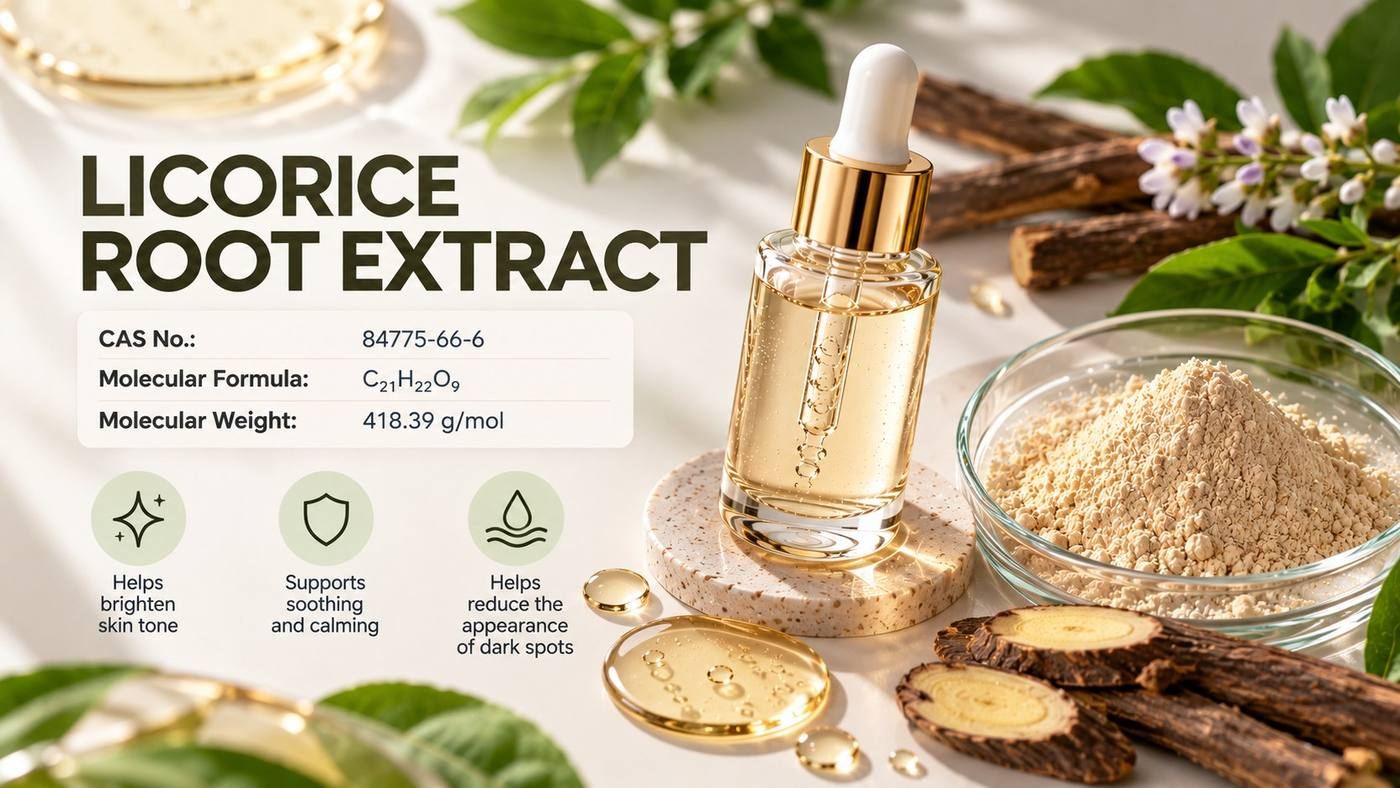 Licorice root extract (Glycyrrhiza glabra, CAS 84775-66-6): a golden licorice extract serum dropper bottle beside licorice root pieces and extract powder, noting that it helps brighten skin tone, supports soothing and calming and helps reduce the appearance of dark spots