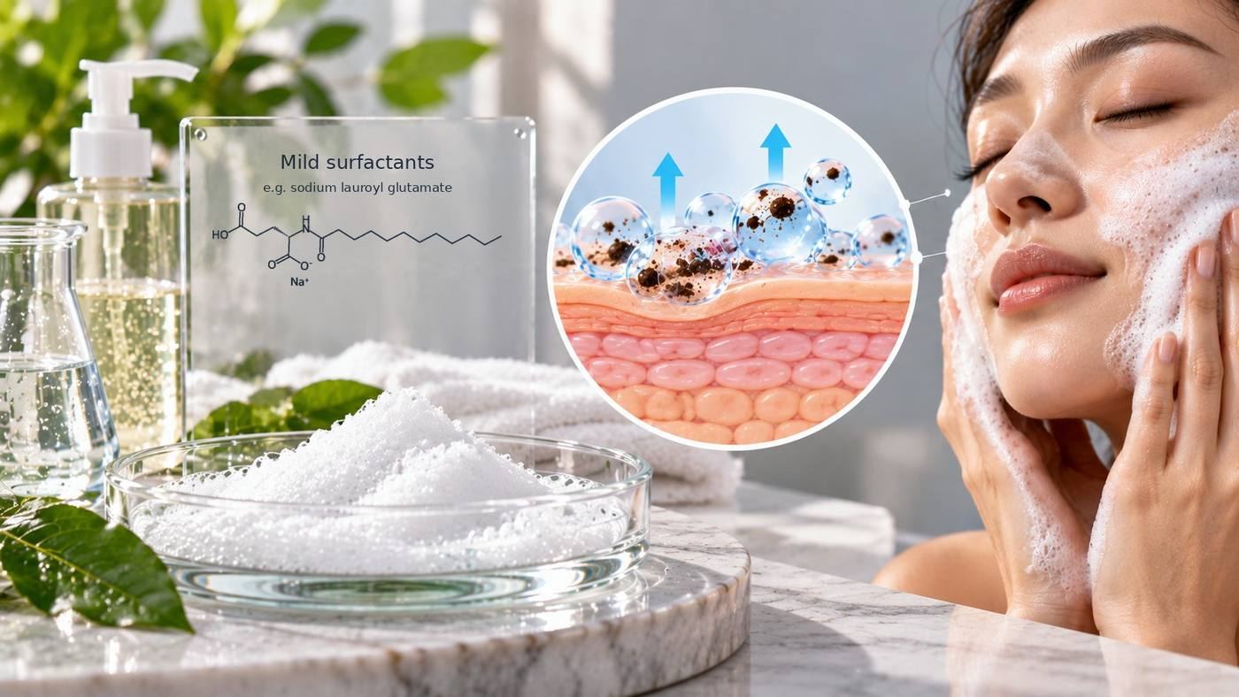Mild surfactants: the structure of sodium lauroyl glutamate, an amino-acid surfactant, beside surfactant powder and a pump bottle, with a cross-section of gentle foam lifting dirt from the skin surface