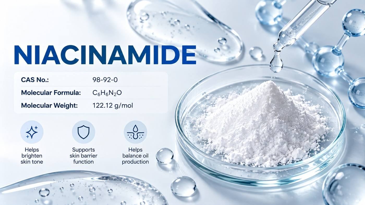 Niacinamide (CAS 98-92-0, C6H6N2O, 122.12 g/mol): white niacinamide powder in a glass dish with serum drops, noting that it helps brighten skin tone, supports skin barrier function and helps balance oil production