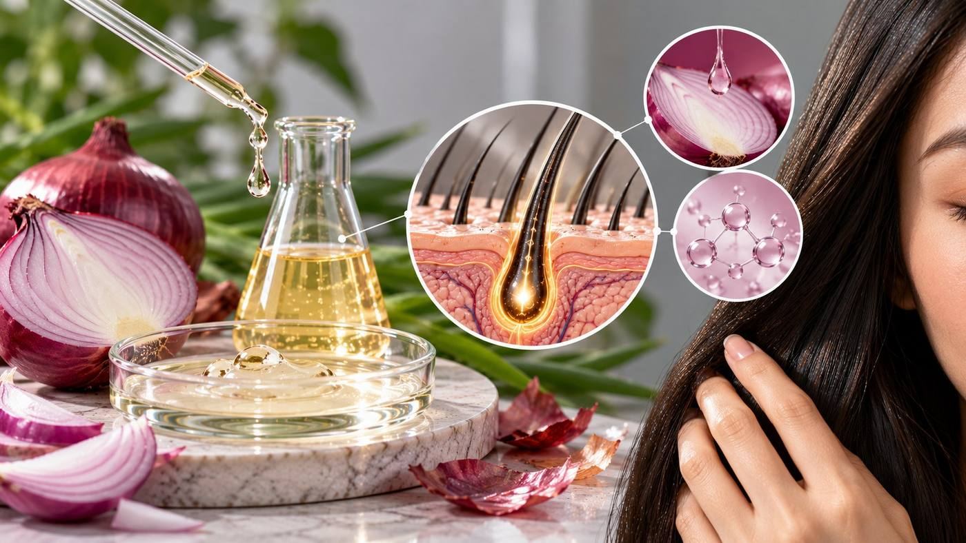 Onion extract for hair: red onions and a golden onion extract in a flask beside a dropper, with magnified views of a hair follicle in the scalp, an onion slice and a molecule, beside long dark hair