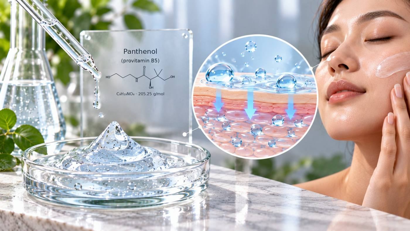 Panthenol (provitamin B5, C9H19NO4, 205.25 g/mol): its chemical structure on a glass panel beside a clear panthenol gel, with a cross-section of water held in the outer skin layers