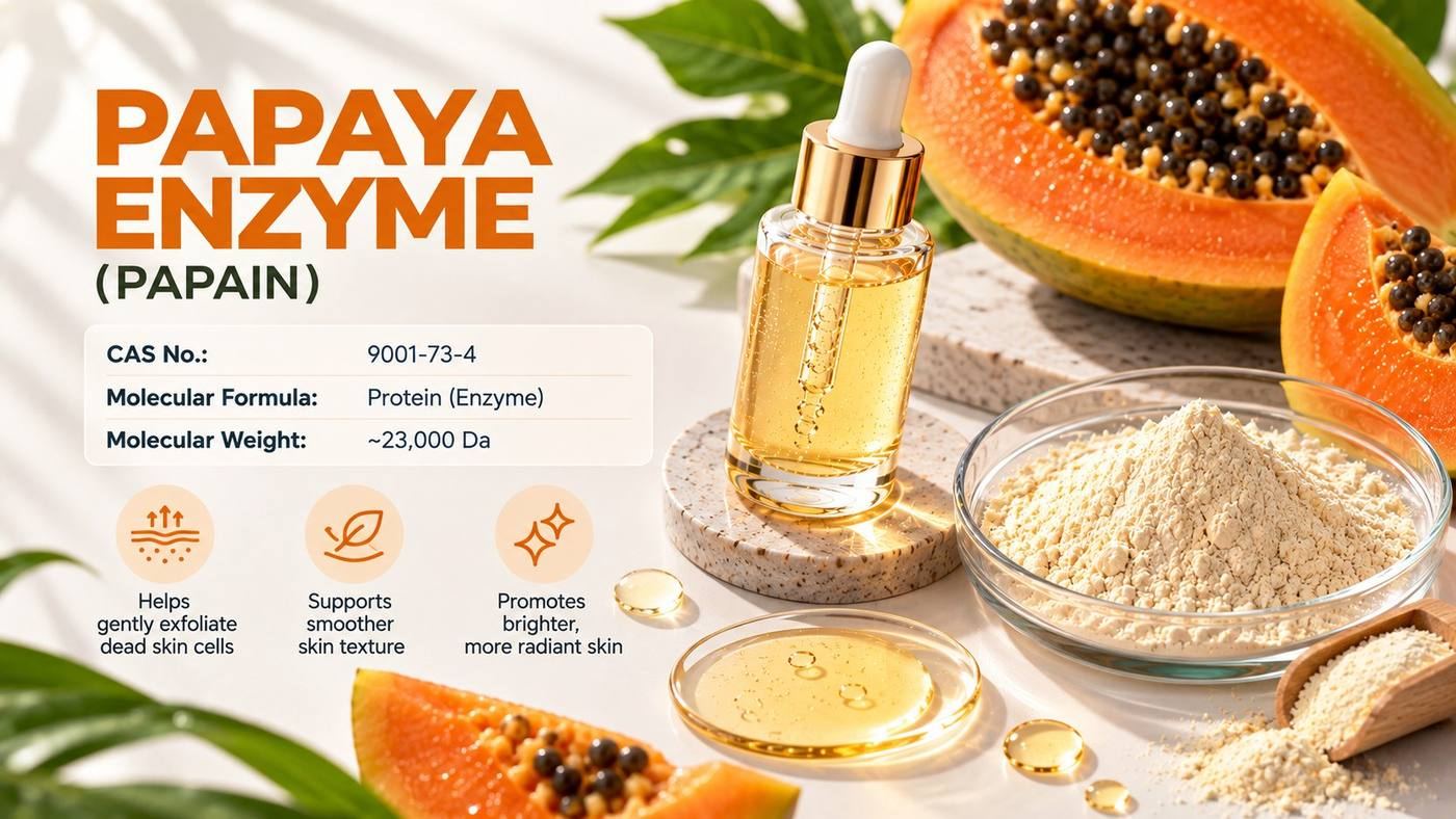 Papaya enzyme (papain, CAS 9001-73-4, a protein of about 23,000 Da): a golden papain serum dropper bottle beside papain powder and fresh papaya halves, noting that it helps gently exfoliate dead skin cells and supports smoother skin texture