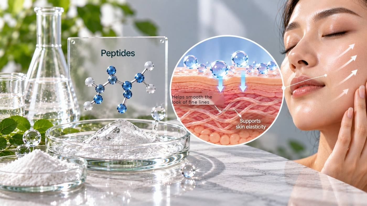 Peptides in skin care: white peptide powder and a clear serum beside a peptide molecule model, with a cross-section of the skin showing the collagen network and the look of firmer, smoother skin