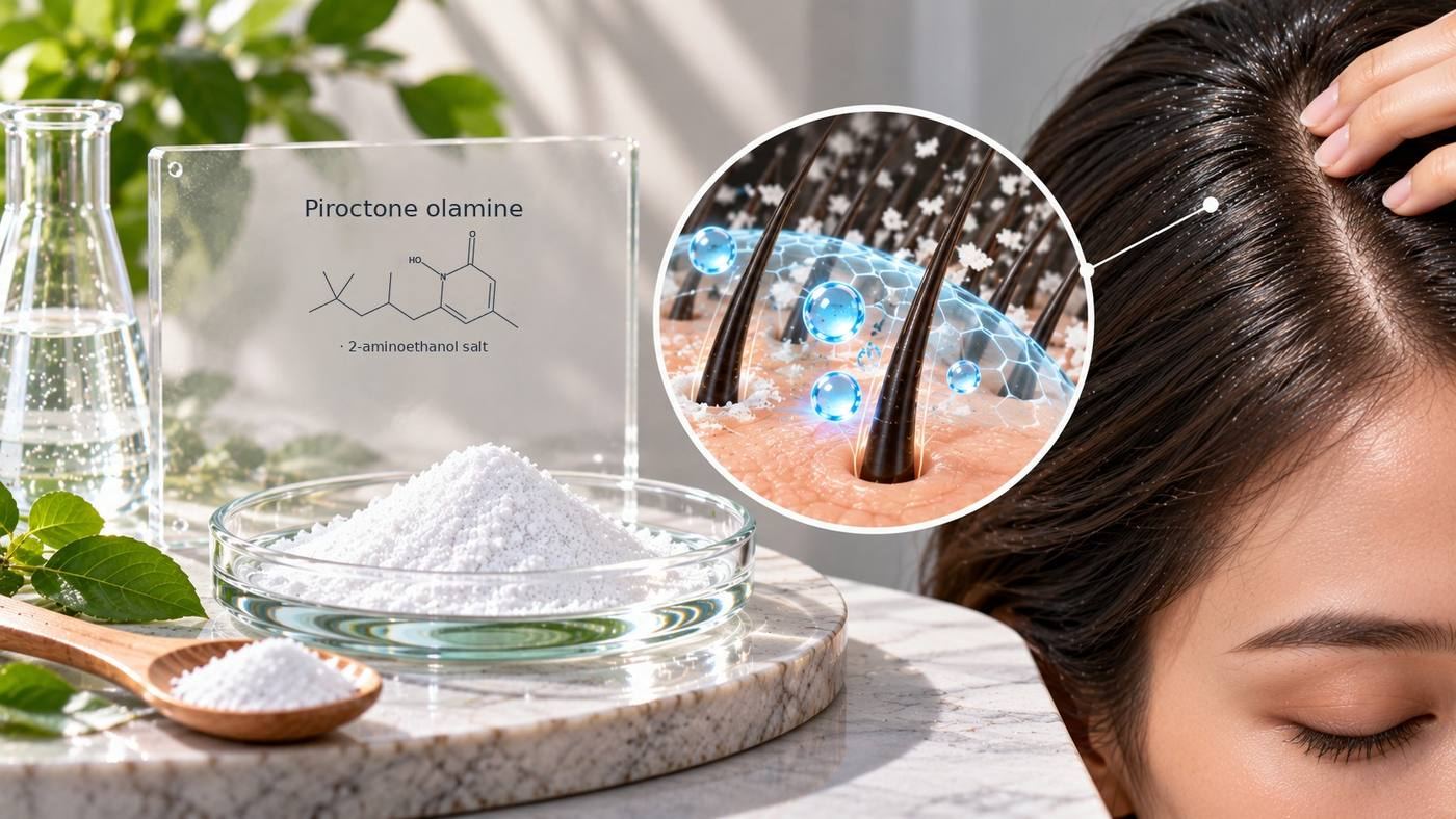 Piroctone olamine: its chemical structure (a hydroxypyridinone, as the 2-aminoethanol salt) beside white piroctone olamine powder, with a magnified view of dandruff flakes on the scalp and a woman’s hair parting