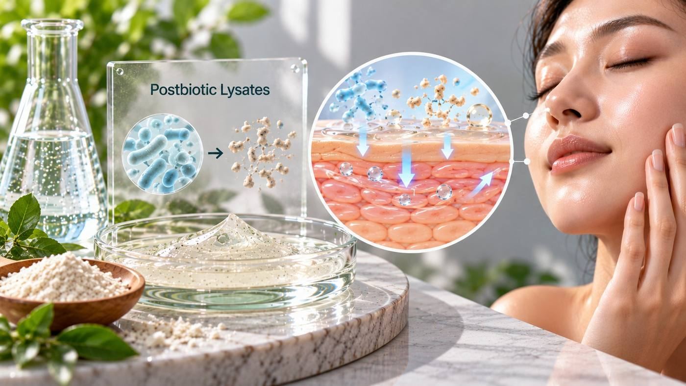 Postbiotic lysates: a glass panel showing bacteria broken down into lysate fragments, beside a clear postbiotic gel and powder, with a cross-section of the skin surface and a woman with calm, hydrated skin
