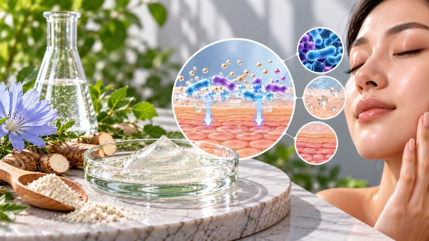 Prebiotics in skin care: chicory flowers and chicory root, a source of inulin, beside prebiotic powder and a clear gel, with magnified views of skin microbes and a balanced skin surface