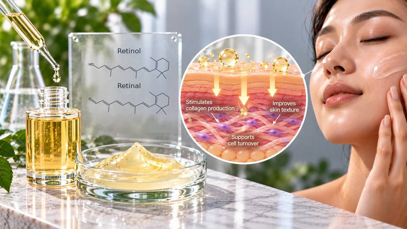 Retinol and retinal: their chemical structures on a glass panel beside a golden retinoid serum and gel, with a cross-section of the skin showing collagen fibres, cell turnover and smoother texture
