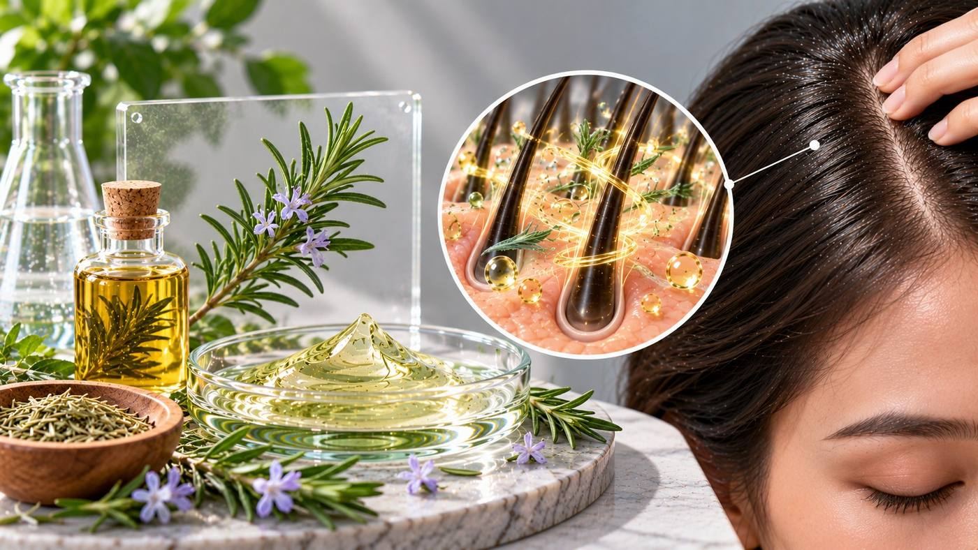 Rosemary for hair: rosemary oil and fresh rosemary sprigs with flowers beside a gel, with a magnified view of hair follicles in the scalp and a woman’s hair parting
