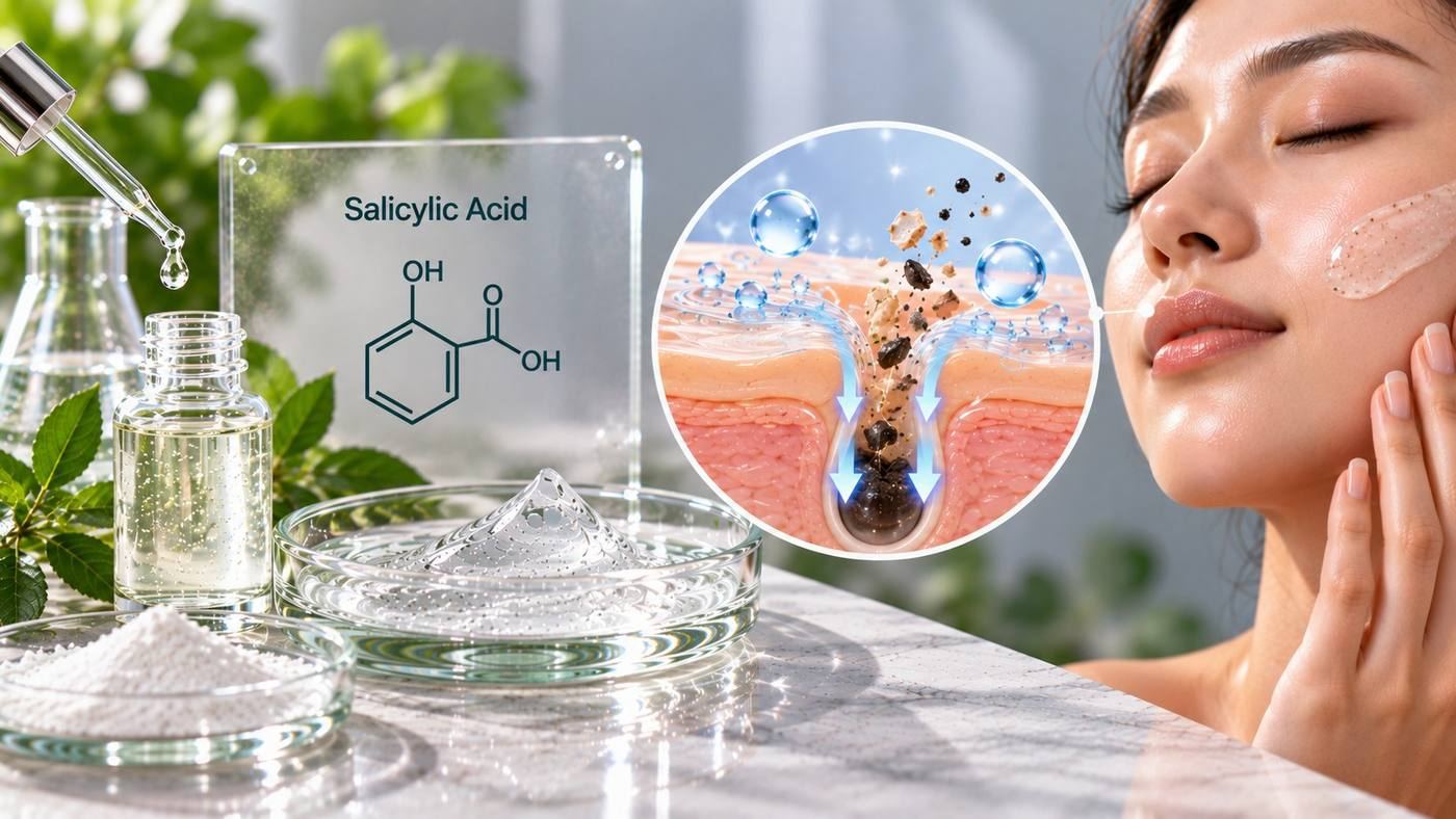 Salicylic acid (2-hydroxybenzoic acid): its chemical structure on a glass panel beside salicylic acid powder, a gel and a serum, with a cross-section of salicylic acid clearing an oily, blocked pore