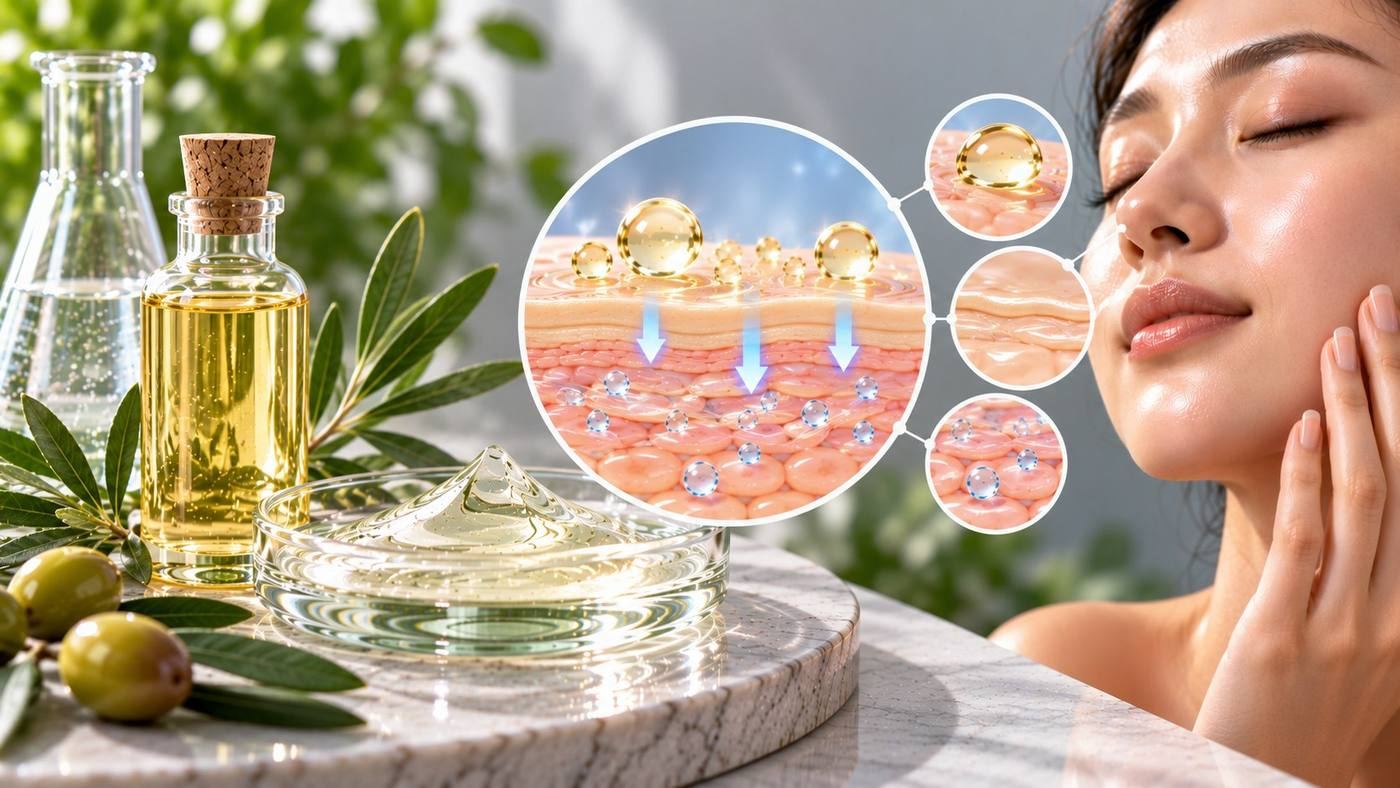 Squalane: olive-derived squalane oil in a corked bottle beside olives and a light gel, with a cross-section of oil droplets softening the outer skin layers and close-ups of smooth, hydrated skin