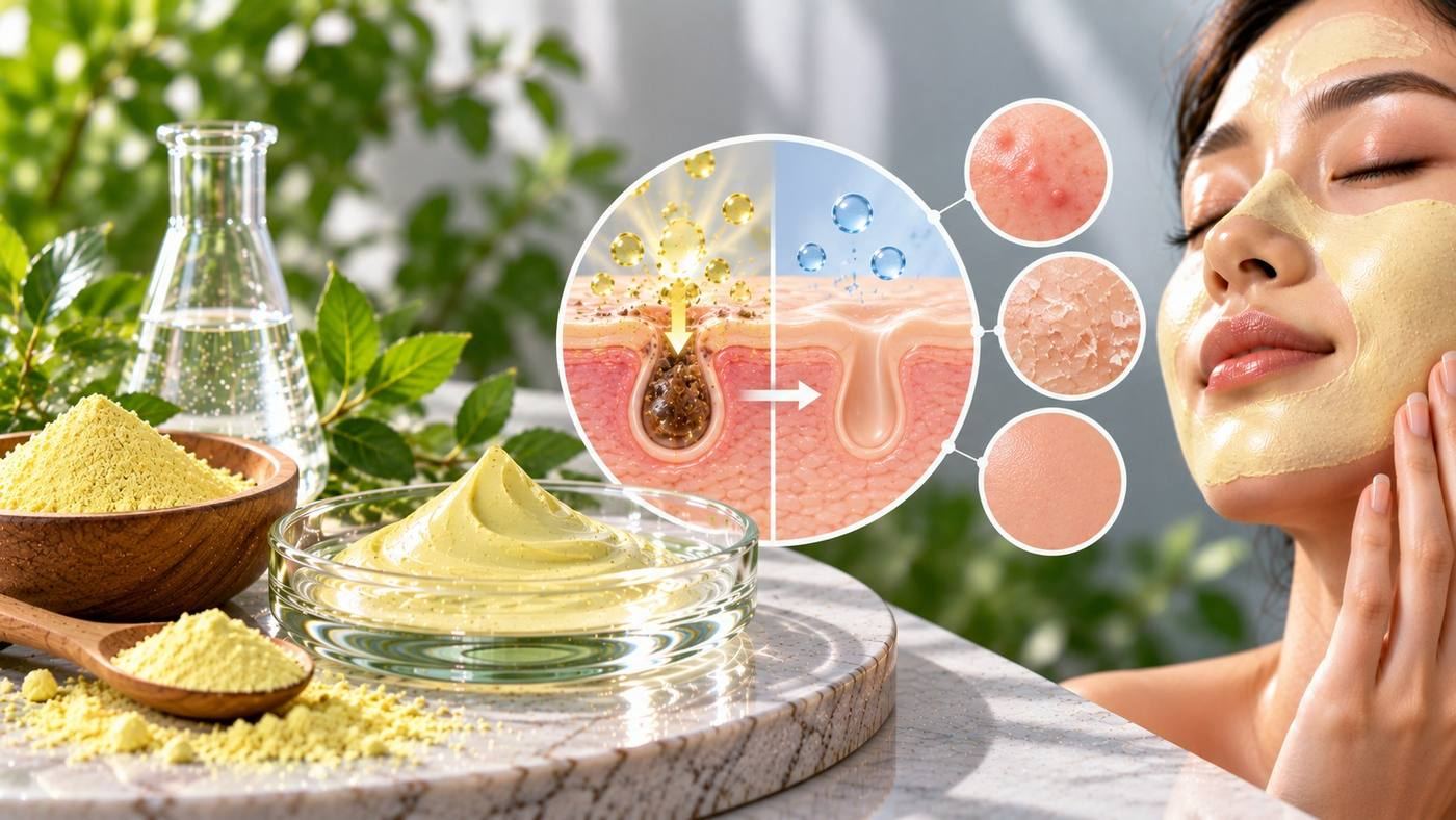 Sulphur for blemishes: yellow sulphur powder and a sulphur cream mask beside a woman wearing the mask, with a cross-section of a blocked pore clearing and close-ups of blemished, flaky and clear skin