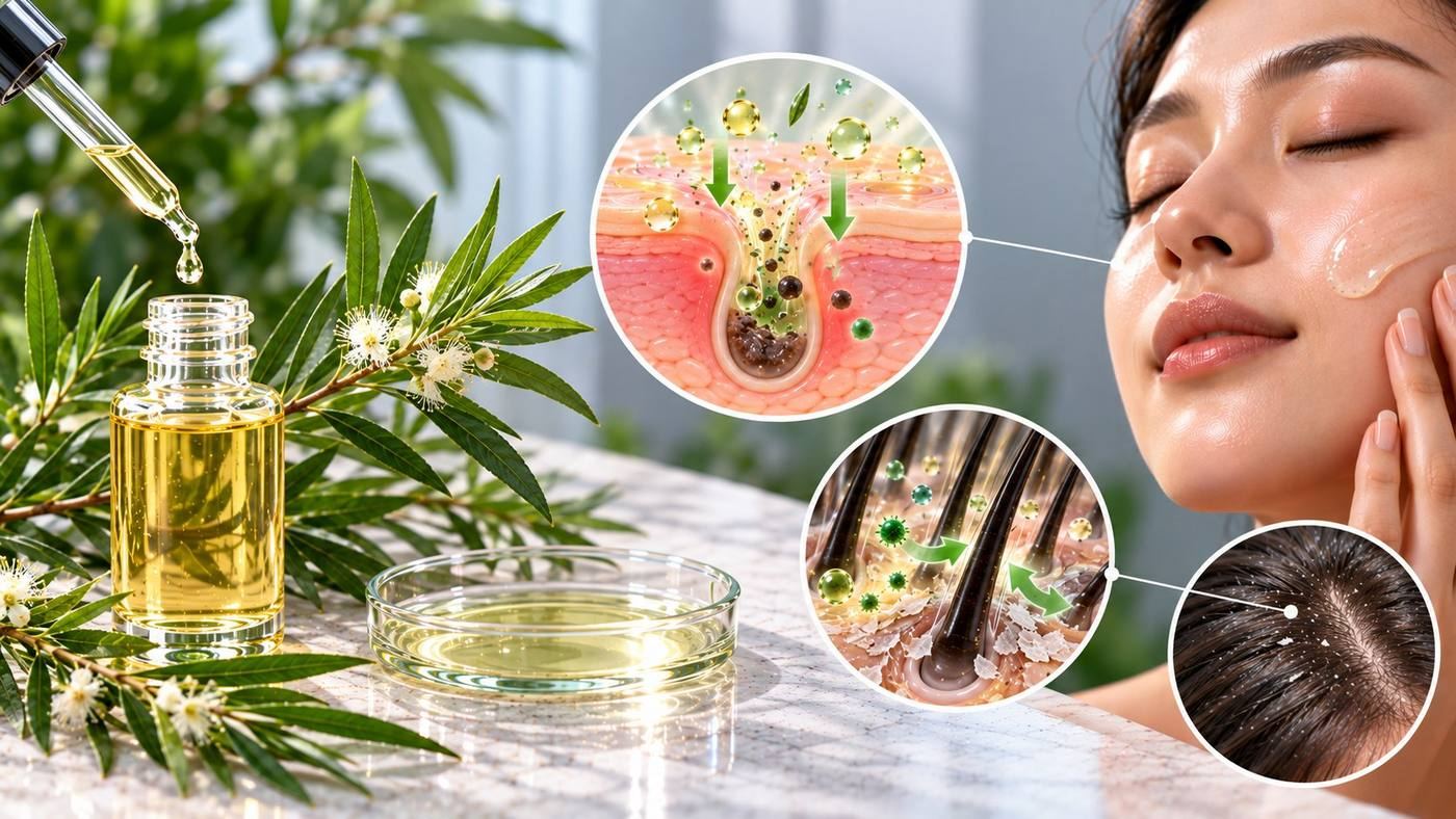 Tea tree oil: a tea tree oil dropper bottle beside Melaleuca alternifolia sprigs and flowers, with magnified views of a blemish-prone pore and a flaking scalp, beside a woman with clear skin