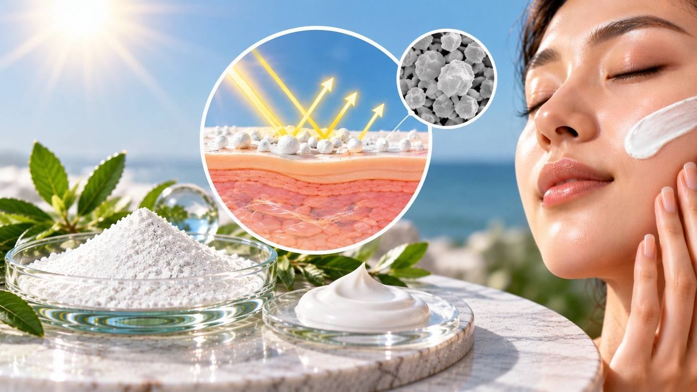 Titanium dioxide mineral sunscreen: titanium dioxide powder and a white sunscreen cream beside a woman applying sunscreen by the sea, with a magnified view of the particles and a cross-section of mineral particles on the skin protecting against UV
