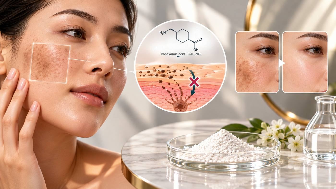 Tranexamic acid (C8H15NO2): its chemical structure above a cross-section of the skin showing pigment transfer being blocked, beside a woman with uneven tone and close-ups of the cheek before and after, with tranexamic acid powder