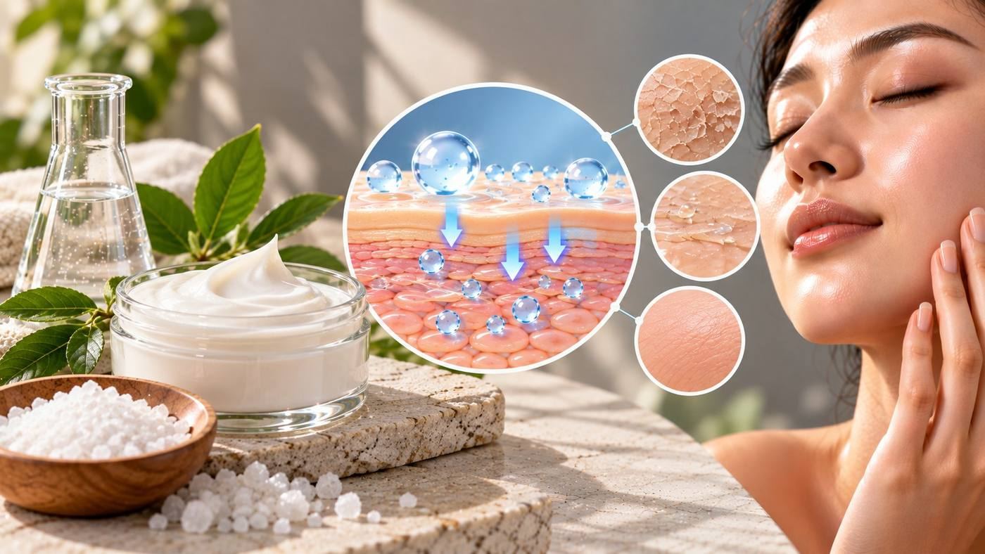 Urea in skin care: a cream jar beside white urea crystals, with a cross-section of water drawn into the skin and close-ups of skin going from dry and flaky to smooth and hydrated