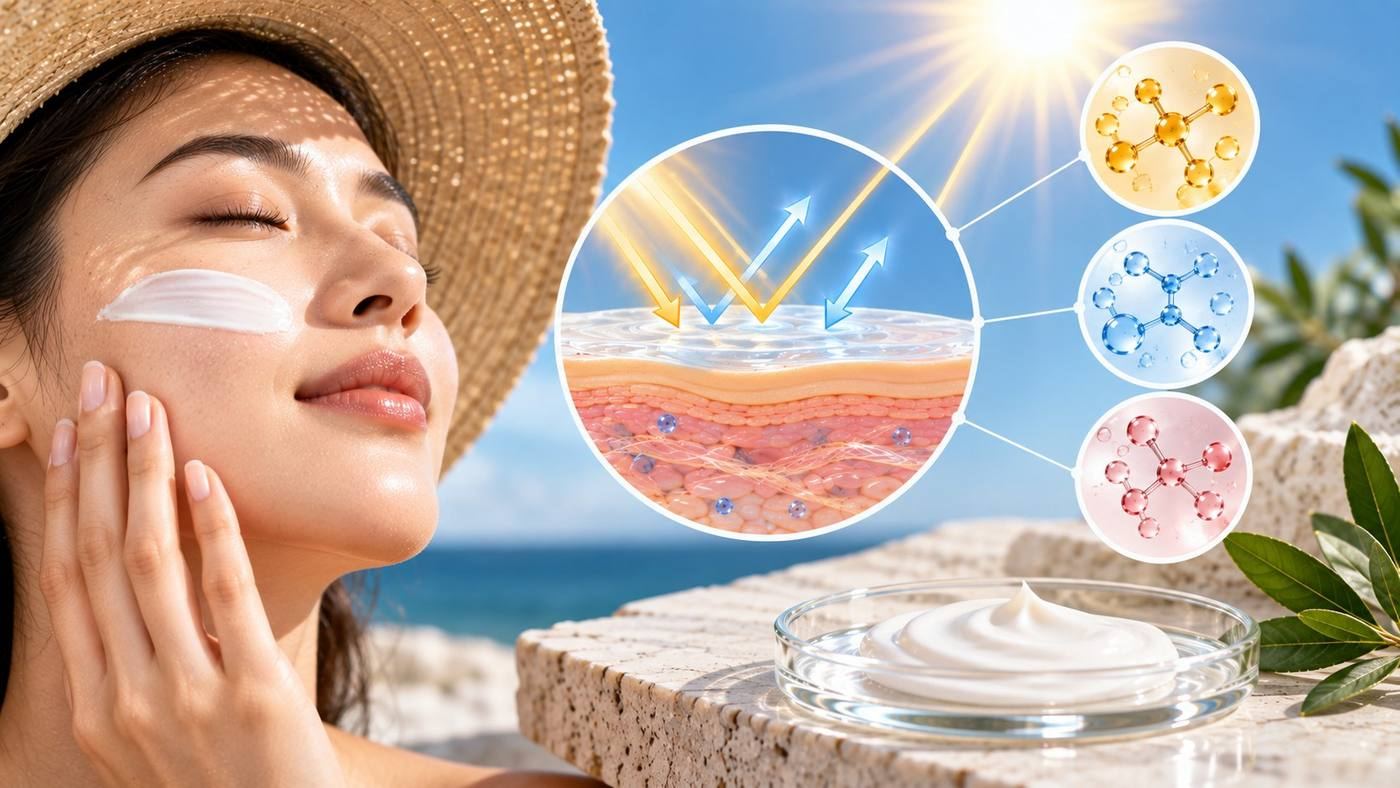 Modern organic UV filters: a woman in a sun hat applying sunscreen by the sea, with a cross-section of a sunscreen film on the skin protecting against UVA and UVB, and three filter molecules