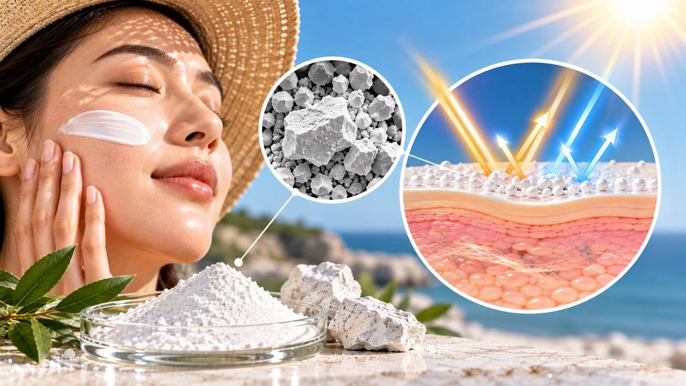 Zinc oxide mineral sunscreen: a woman in a sun hat applying white sunscreen, with zinc oxide powder, a magnified view of the particles and a cross-section of mineral filter particles on the skin protecting against UV