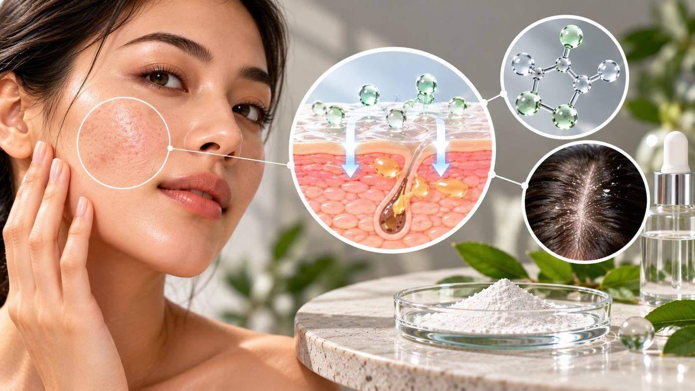 Zinc PCA for oily skin and scalp: a woman with visible pores on her cheek, white zinc PCA powder and a serum, with a cross-section of an oily pore and a close-up of a greasy, flaky scalp