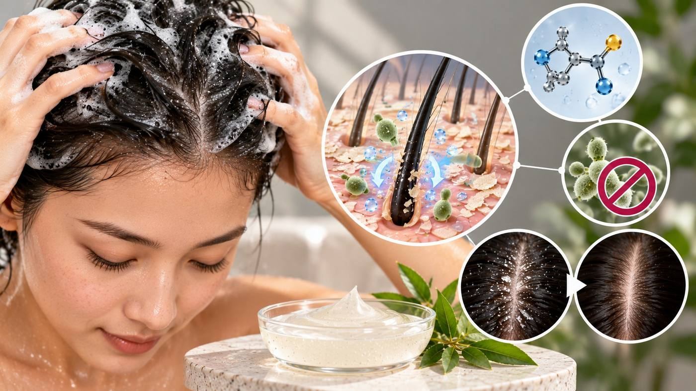 Zinc pyrithione anti-dandruff shampoo: a woman lathering her hair, with magnified views of flakes and Malassezia yeast on the scalp, the yeast being inhibited, and the scalp before and after with fewer visible flakes