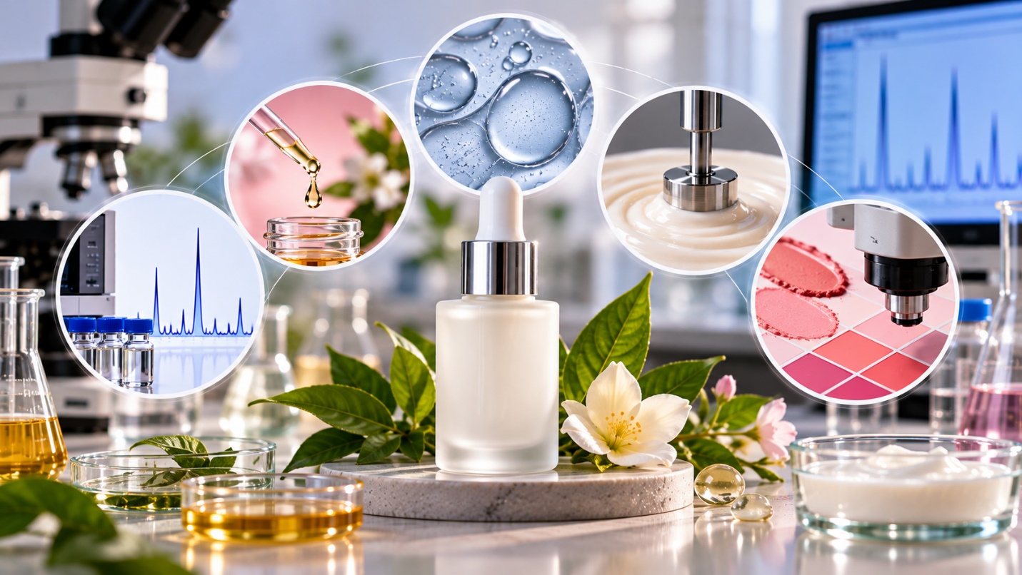Cosmetic laboratory bench with a dropper bottle and cream, with insets of a chromatography system, emulsion droplets under magnification, a viscometer spindle in cream and a microscope over pressed colour pans