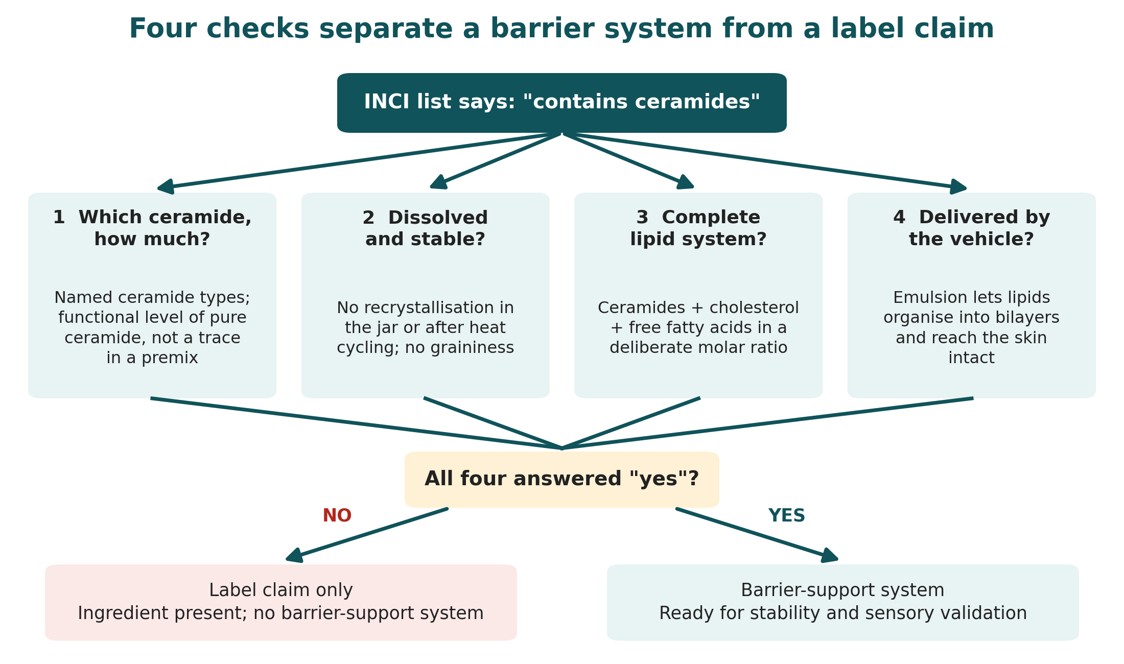 Decision diagram: an INCI list that says contains ceramides is tested against four checks (which ceramide and how much, dissolved and stable, complete lipid system, delivered by the vehicle); all four yes gives a barrier-support system, any no gives a label claim only