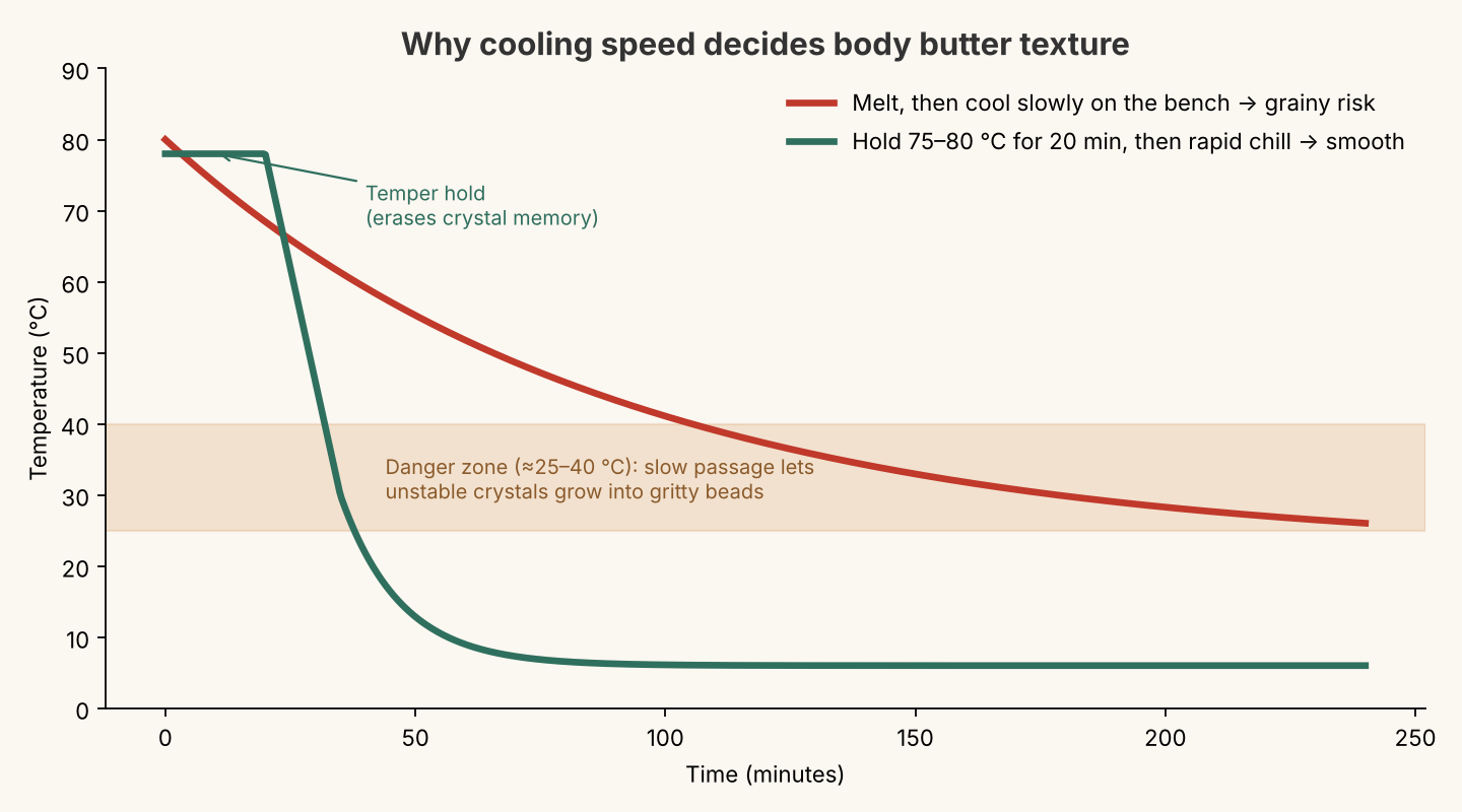 Cooling curve for how to make body butter: melting then slow bench cooling spends a long time in the 25 to 40 °C danger zone and risks grain, while a 20 minute hold at 75 to 80 °C followed by a rapid chill passes through it in minutes