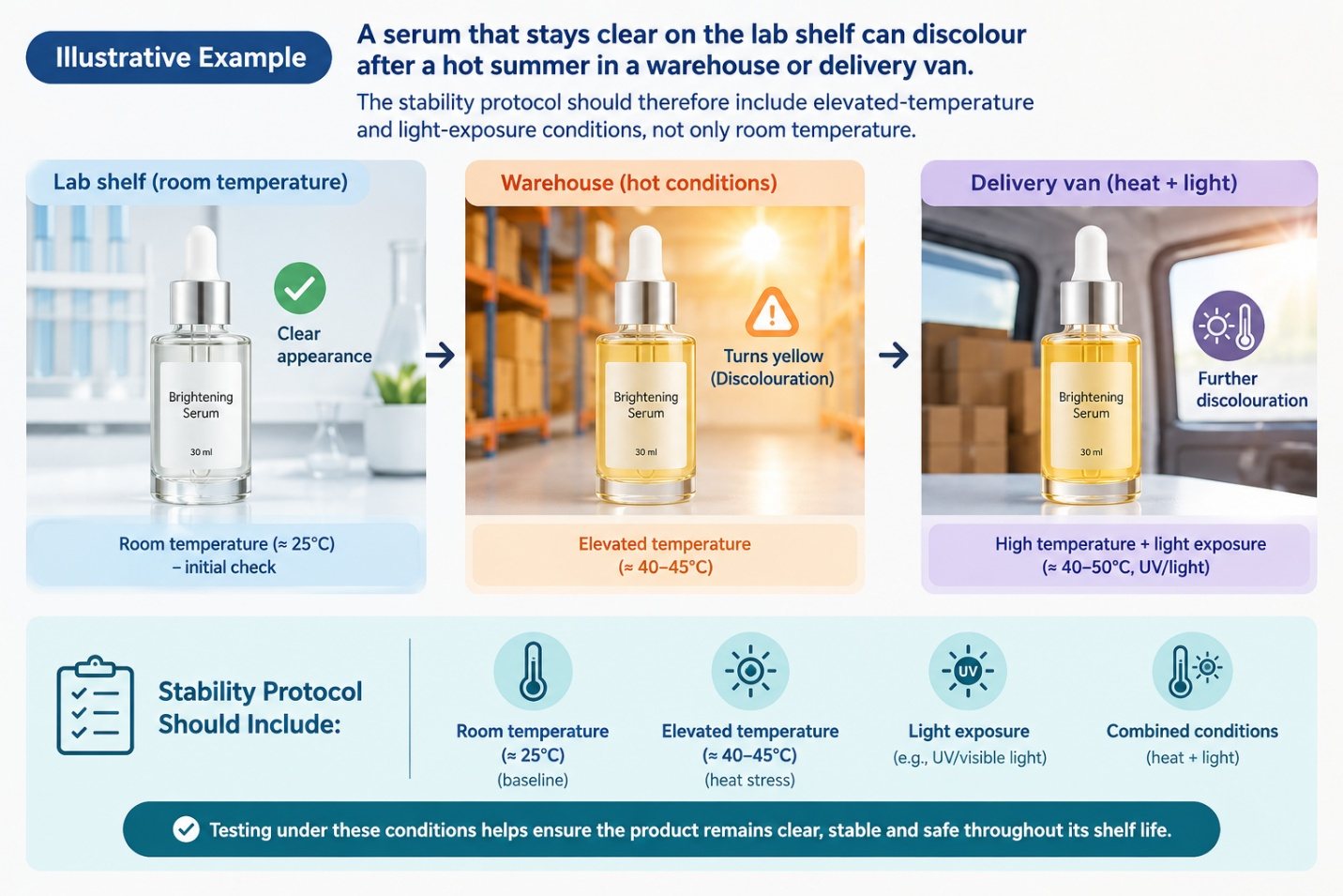Illustrative example: a vitamin C serum that stays clear on a room-temperature lab shelf turns yellow in a hot warehouse and discolours further in a delivery van exposed to heat and light; the stability protocol should include room temperature, elevated temperature, light exposure and combined conditions.