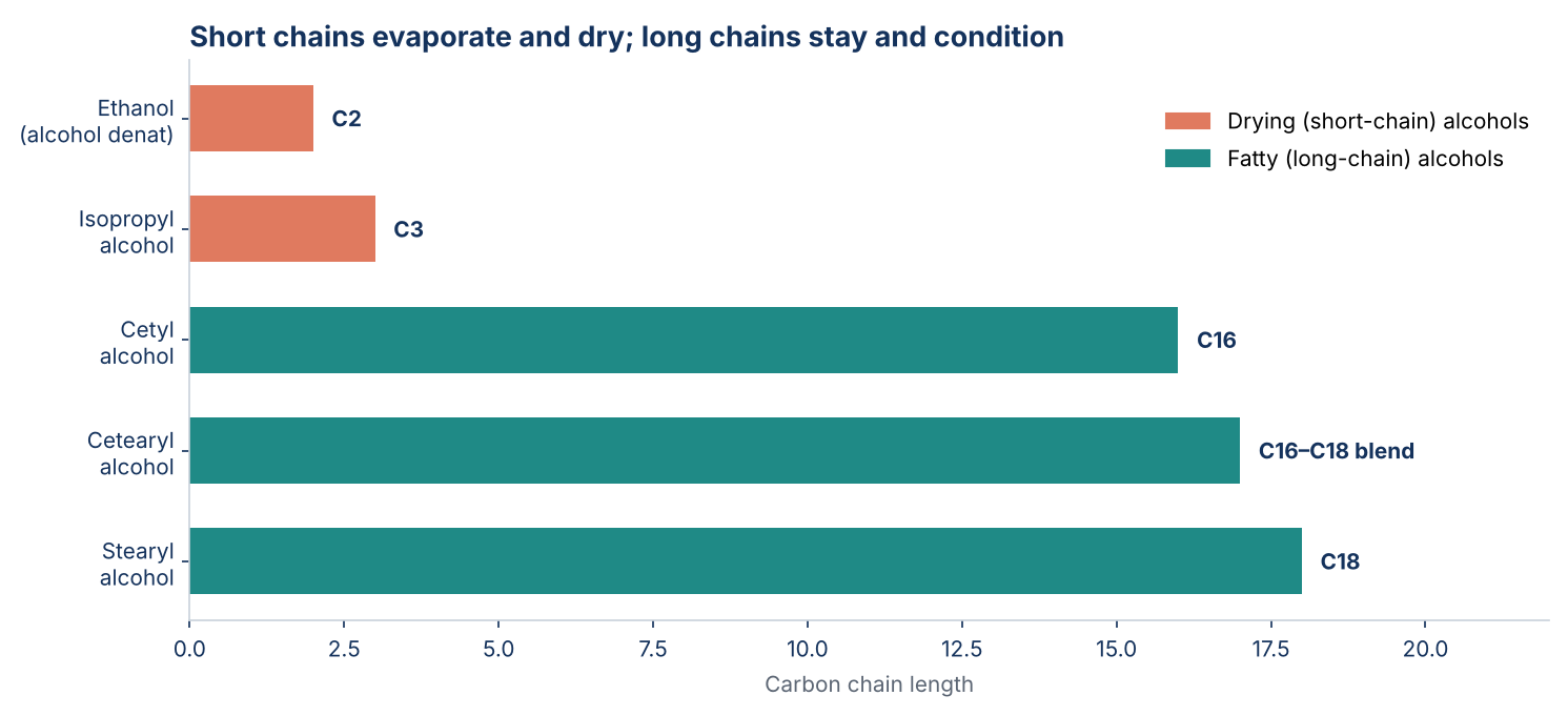 Bar chart of carbon chain length: ethanol (alcohol denat) C2 and isopropyl alcohol C3 are short-chain drying alcohols; cetyl alcohol C16, cetearyl alcohol C16–C18 blend and stearyl alcohol C18 are long-chain fatty alcohols