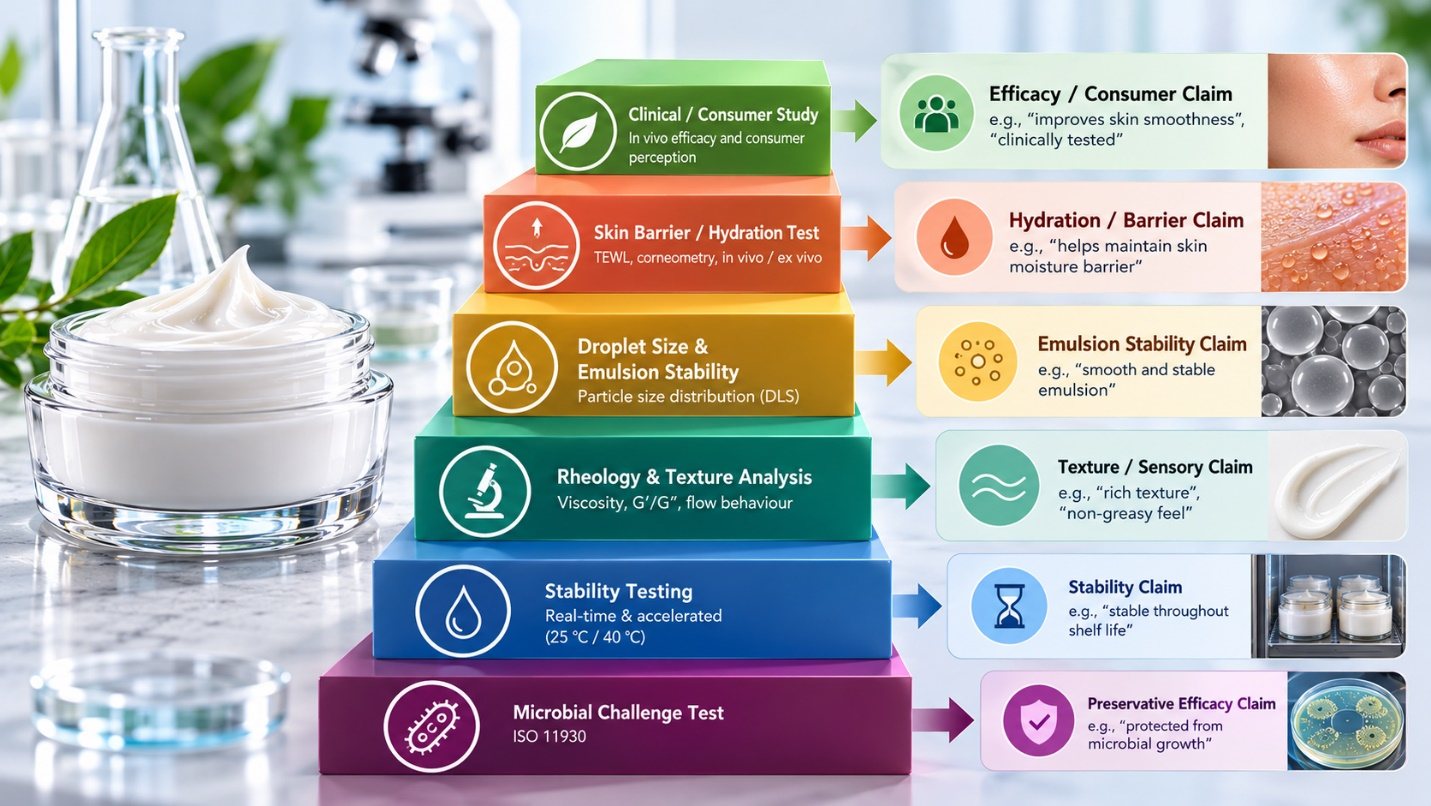 Pyramid mapping six test types to the claims they support: microbial challenge test (ISO 11930) for preservative efficacy, stability testing at 25 and 40 °C for shelf-life stability, rheology and texture analysis for sensory claims, droplet size by light scattering for emulsion stability, TEWL and corneometry for hydration or barrier claims, and clinical or consumer studies for efficacy claims.