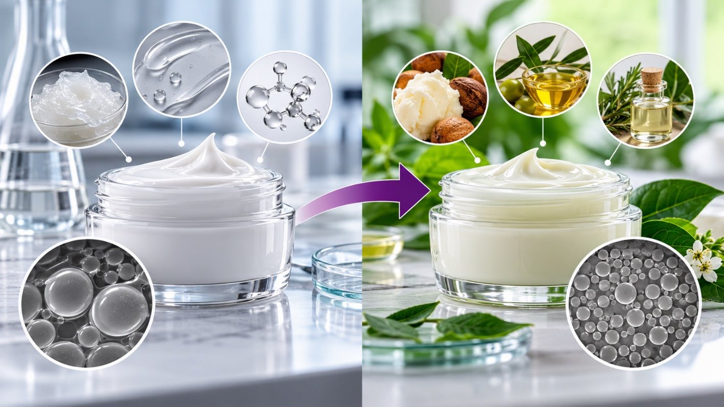 Before-and-after cream jar: petrolatum, silicone gel and large emulsion droplets on the left; shea butter, olive oil and plant oil with smaller, more numerous droplets on the right