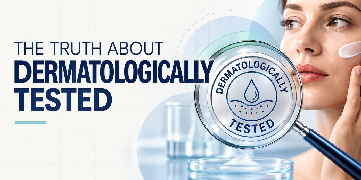 The truth about dermatologically tested claims: a magnifying glass over a dermatologically tested seal, beside a woman applying cream to her cheek and a cream sample in a petri dish