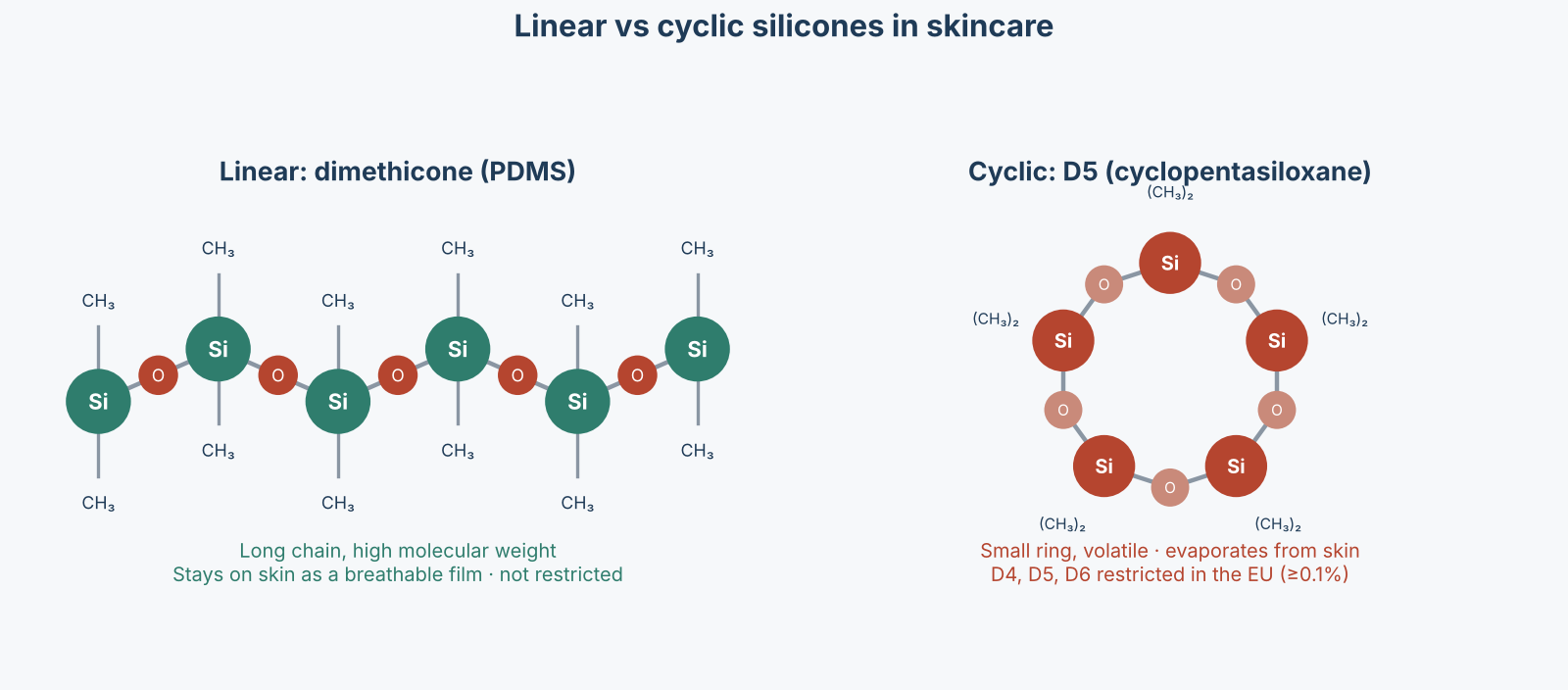 Structure of linear dimethicone (PDMS), a long silicon-oxygen chain with methyl groups, compared with the small cyclic D5 silicone ring cyclopentasiloxane
