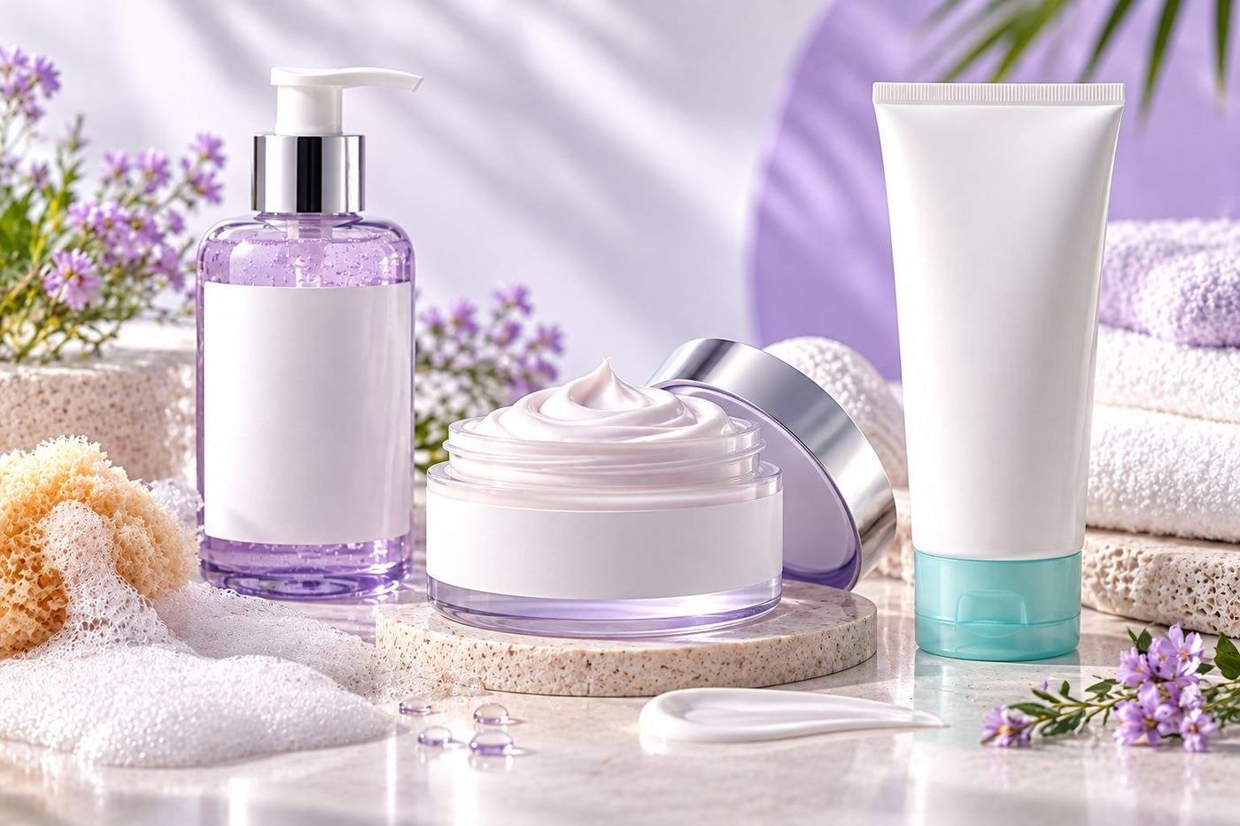 Cream jar, pump bottle and tube of silky skincare products on a bathroom shelf