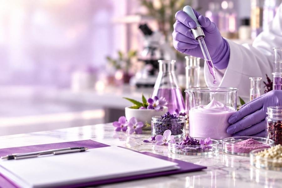 A formulator in purple gloves pipetting into a beaker of cream on a laboratory bench