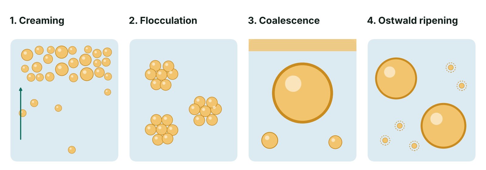 Four panels showing emulsion failure modes: creaming with droplets rising to the top, flocculation with droplets clumped together, coalescence with droplets merged into one large drop and an oil layer, and Ostwald ripening with small droplets shrinking as large ones grow