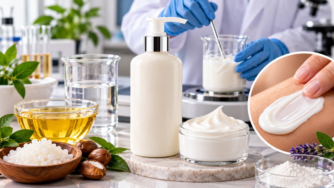 A lotion pump bottle and cream jar on a lab bench beside oils, shea nuts and emulsifying wax, with a formulator mixing a white lotion in a beaker