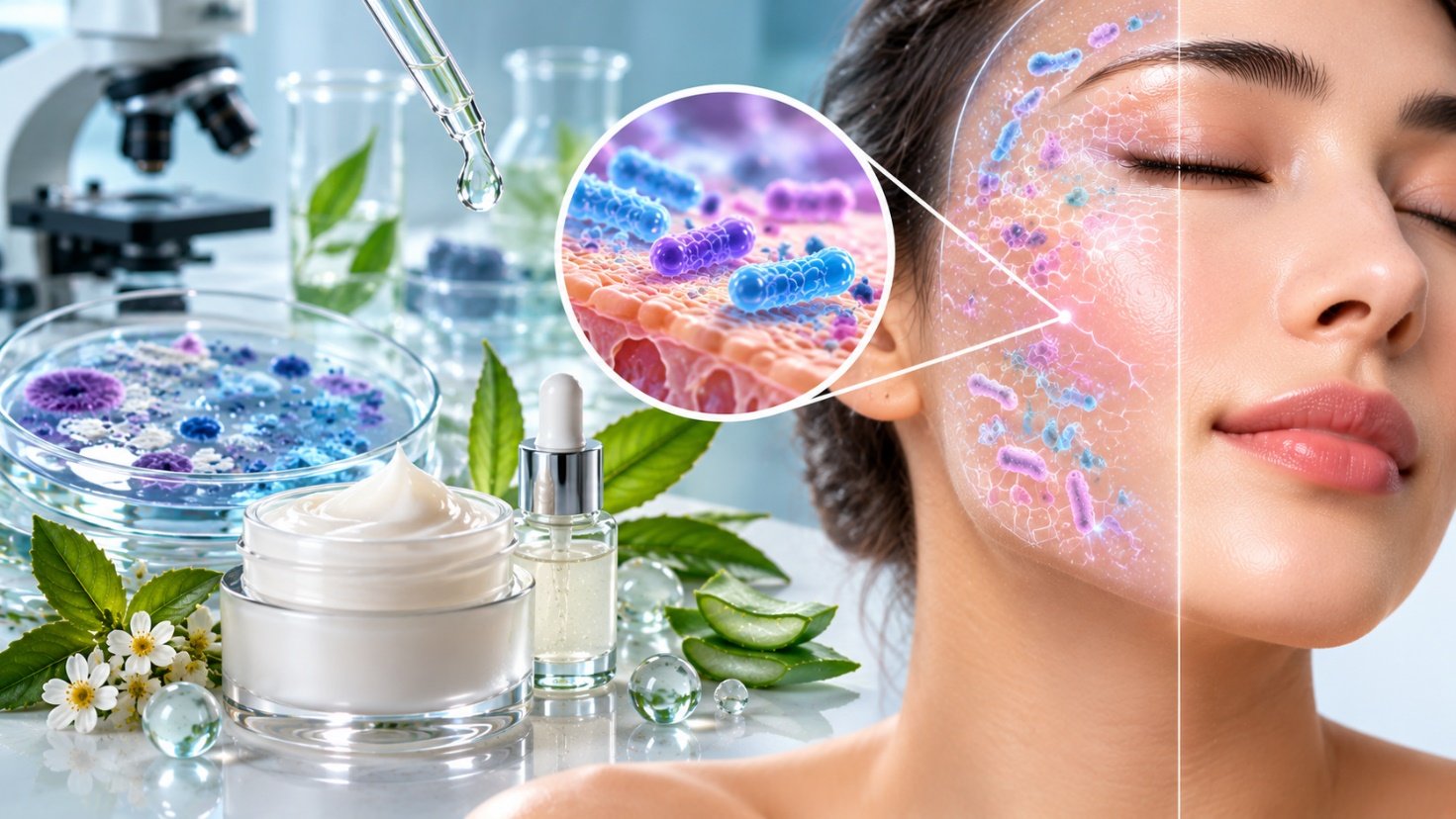 Skincare products beside a petri dish and microscope, with a magnified view of the skin microbiome, representing microbiome claim testing
