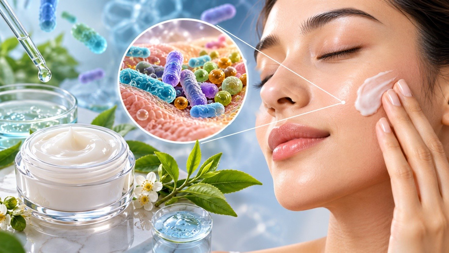A cream jar and serum beside a magnified illustration of skin microbes, representing microbiome skincare formulation