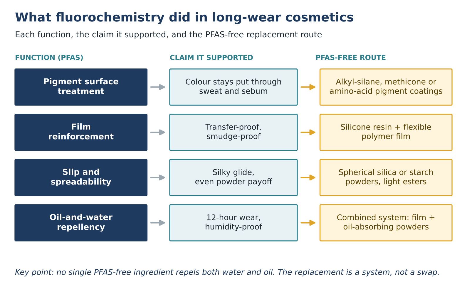 Diagram mapping four functions of fluorochemistry in cosmetics (pigment surface treatment, film reinforcement, slip, oil-and-water repellency) to the claims they supported and the PFAS-free replacement route for each