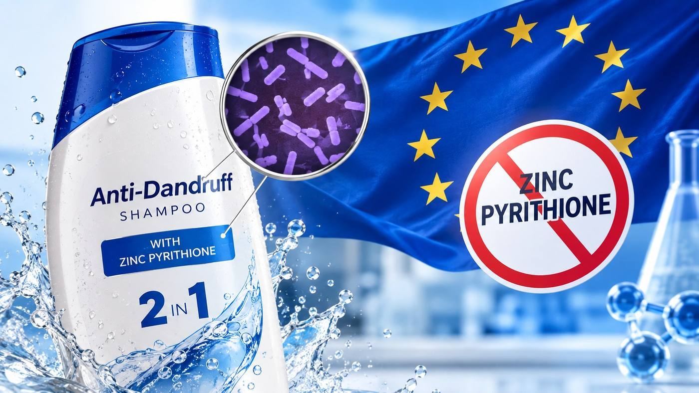 EU zinc pyrithione ban in cosmetics: an anti-dandruff shampoo bottle labelled with zinc pyrithione beside an EU flag and a prohibition sign over the words zinc pyrithione