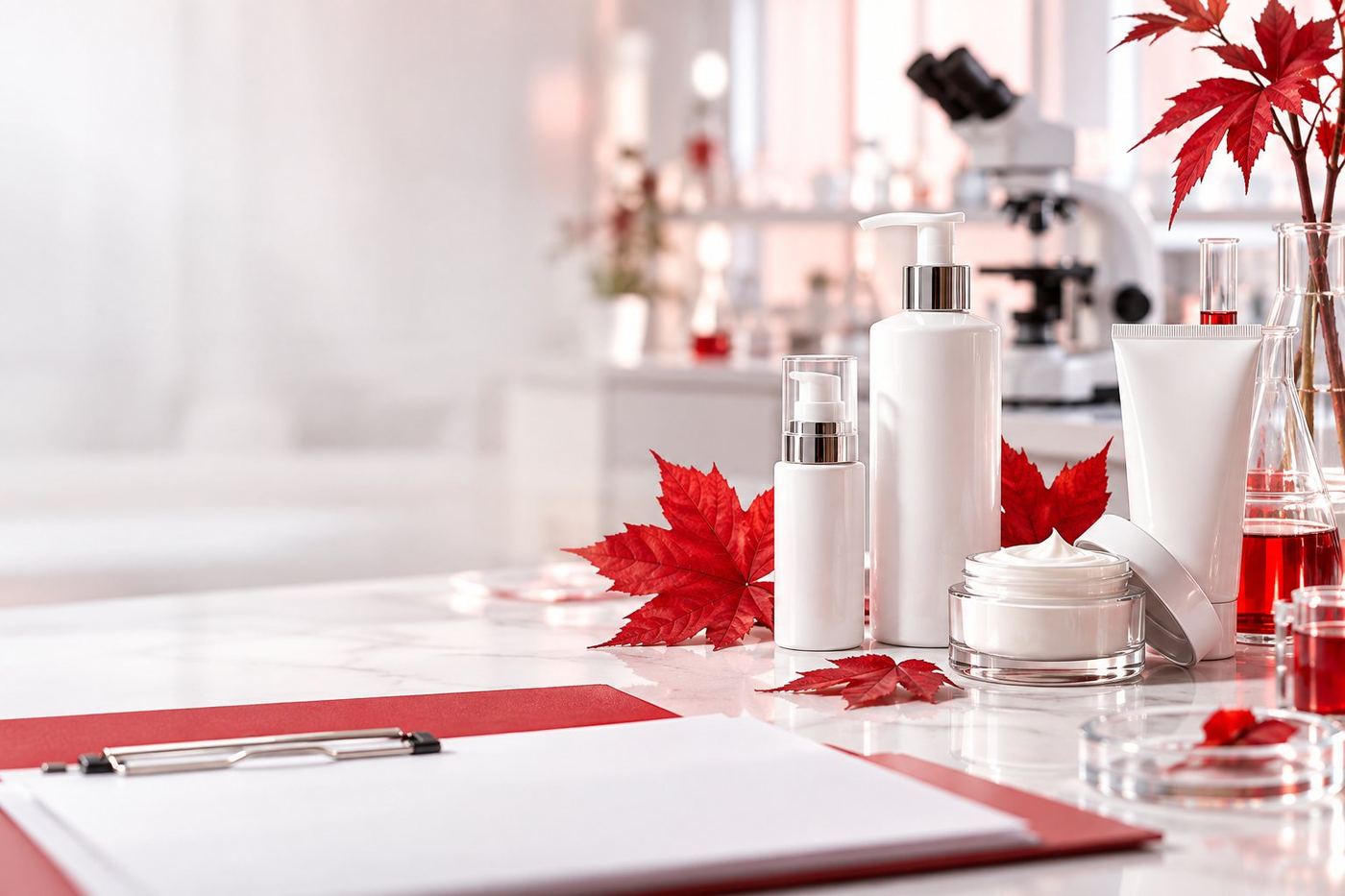 CSL Canada cosmetics regulatory services: skincare products with red maple leaves and a compliance clipboard