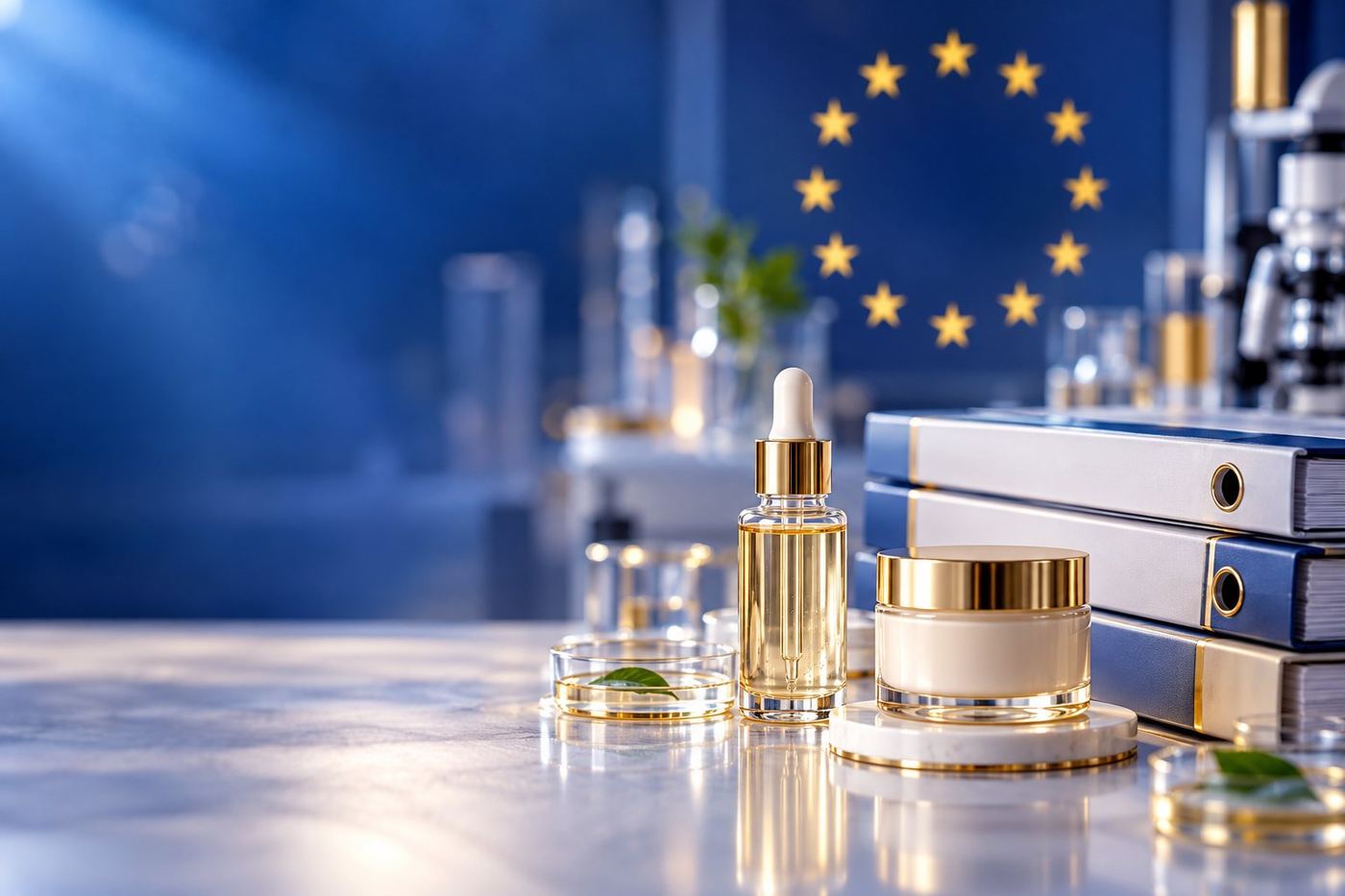 CSL EU cosmetics regulatory services: serum and cream beside Product Information File binders, with EU stars